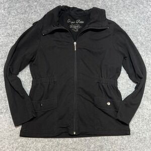 Onque Petite Lightweight Black Full Zip Utility Jacket Cinched Waist Womens PS